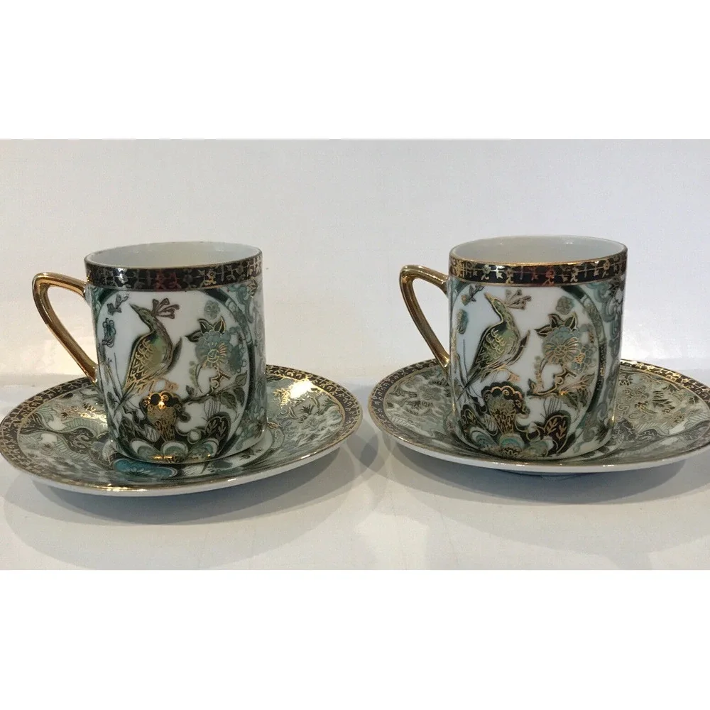 Lot of 2 Vintage‎ Porcelain Japanese Green and Gold Peacock Demitasse Tea Cups